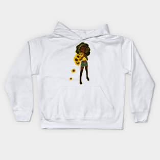 Anime Afro anime sunflower wielding warrior princess - beautiful girl with Afro hair, brown eyes and dark brown skin Kids Hoodie